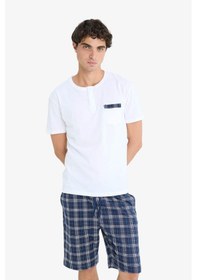 Resim Defacto Regular Fit Pijama Takımı Kısa Kollu Üst Kareli Şort E7158ax25hswt34 Beyaz 