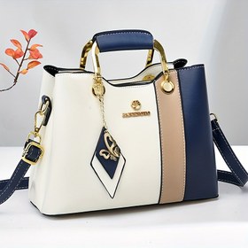 Resim 2024 Yeni Kadınlar için Renk Bloklu Tote Çanta, Ayarlanabilir Crossbody/Omuz Askısı, Altın Ton Donanım & Manyetik Kapatma - Yüksek Kaliteli Günlük El Çantası İşe Gidiş/Geliş, Seyahat İçin - Lacivert/Bej/Beyaz Kontrast Tasarım, Crossbody Çanta, İşe Gidiş Aksesuarı, Dayanıklı Polyester Astar 