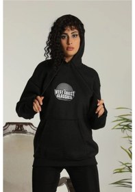 Resim Unisex Sırt Baskılı Kapüşonlu Üç İplik Oversize Sweatshirt - Siyah Siyah 