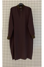 Resim Armine İpek-Krep Kumaş Yaka Fermuarlı Ribanalı Yazlık Basic Tesettür Tunik 