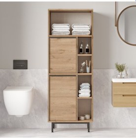 Resim Lidya Banyo Dolabı Çok Amaçlı Dolap 2 Kapaklı Metal Ayaklı Sepet Kahverengi 