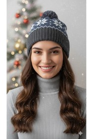 Resim STELLA VESTİNO Ponponlu Yılbaşı Bere Kar Tanesi Desenli Triko Bere | Unisex Kadın - Erkek Örgü Kışlık Bere 