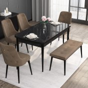 Resim Canisa Concept Noa Serisi, 80X132 Benchli Açılabilir Mdf Siyah Mermer Desen Mutfak Masası Takımı 4 Sandalye 1 Bench 