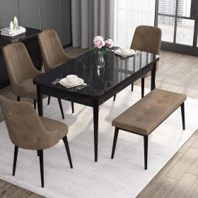 Resim Canisa Concept Noa Serisi, 80X132 Benchli Açılabilir Mdf Siyah Mermer Desen Mutfak Masası Takımı 4 Sandalye 1 Bench 