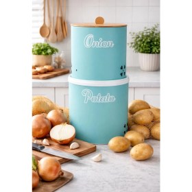 Resim Decorev Bambu Tek Kapaklı Metal Patates Soğanlık Mint Rengi Dc -7107 