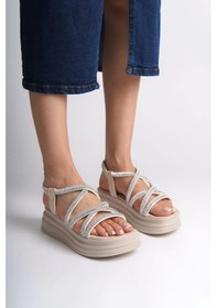 Resim Elena Lastikli Taşlı Şeritli Ortopedik Taban Kadın Sandalet Kt Krem Krem 