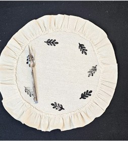 Resim Ham Keten Pamuk Fırfırlı Minik Desen Taş Baskı 6' Lı Amerikan Servisi Supla Yuvarlak 45cm Naturel 