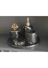 Resim Toros Siyahı Mermer 5'li Banyo Seti Gold Mercan Aksesuarlı Beyaz 
