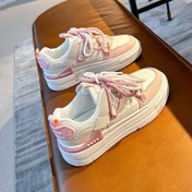 Resim Kadınlar İçin Kalın Kauçuk Tabanlı ve Bağcıklı Platform Loafer - Beyaz & Pembe Sentetik Kaplama, Her Mevsim Uygun Günlük Ayakkabı, Retro Dad Shoes, Alçak Üstlü Konforlu Kumaş Taban 