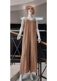 Resim İtalyan Kadın Askılı Keten Tulum Camel 