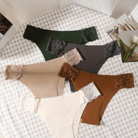 Resim 5 Adet Kadınlar İçin Dikişsiz Orta Bel Külot - Seksi Kontrast Dantel Detaylı, Buz İpeği Kumaşı, Karın Kontrolü ve Kalça Kaldırıcı, 5 Renk (Siyah/Yeşil/Bej/Kahverengi/Beyaz), Günlük İç Çamaşırı | Modern İç Giyim | Buz İpeği Kumaş 