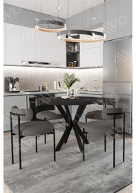 Resim Avvio Loan Teddy Sandalye 90x90 Yuvarlak Yemek Masası Mutfak Masası 4 Kişilik Masa Sandalye Takımı Siyah Mermer 