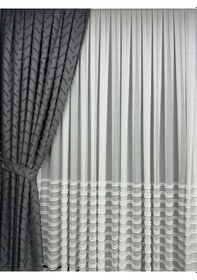 Resim Çapraz Saçak Fonluk Pamuklu Keten Gri Fon Perde 1/2,5 Orta Sık Pile Tek Kanat Gri 