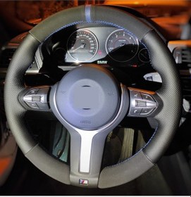 Resim Bmw 3.16 Serisi Için Nokta Nubuk Mavi Yüzüklü Dikmeli Simit Direksiyon Kılıfı 