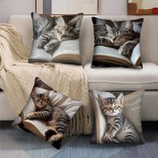 Resim 1 Adet Modern Uyuyan Kedi Kare Yastık Kılıfı - Açık Kitap Üzerinde Uykuda Sevimli Kedi Tasarımı, Tek Taraflı Baskı, 44.96x44.96 cm, Fermuarlı Kapatma, Oturma Odası, Yatak Odası, Kanepe için Makinede Yıkanabilir Dekoratif Yastık Kılıfı (Yastık İçi Dahil Değildir), Yatak Odası Aksesuarı, Rahat Ev Dekoru, Yumuşak Kumaş Baskı 