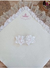 Resim Yenidoğan Wool Yün Kumaş Taç Nakışlı Güpür Duvaklı Fiyonk Prizma Taş Unisex Kundak Bebek Battaniyesi Pembe Renkli Çok Renkli 