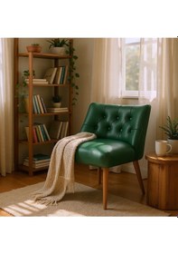 Resim Azra Mobilya Modern Kapitoneli Deri Berjer Sandalye Ahşap Ayaklı, Demonte Gönderim, Renk Seçenekli Yeşil 