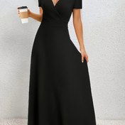 Resim Artı Boyutlu Zarif V-Neck Uzun Kollu Elbise - Esnek Polyester, Form-Fitting Maxi, Flared Hem, Günlük Gezintiler İçin Mükemmel, Artı Boyutlu Elbise 