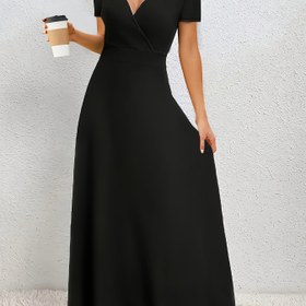 Resim Artı Boyutlu Zarif V-Neck Uzun Kollu Elbise - Esnek Polyester, Form-Fitting Maxi, Flared Hem, Günlük Gezintiler İçin Mükemmel, Artı Boyutlu Elbise 