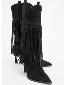 Resim Gueras Siyah Süet Püsküllü Sivri Burun Kadın Topuklu Çizme Sıyah Suet 