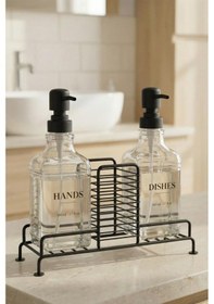 Resim Digithome 2 Li Metal Standlı Cam Sıvı Sabun Ve Losyon Şişesi Sabunluk 500 Ml Siyah D/1 C1-1-289 