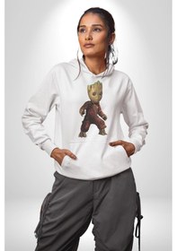 Resim Bebek Groot Guardians Galaxy Kadın Erkek Beyaz Kapüşonlu Sweatshirt Hoodie Beyaz 