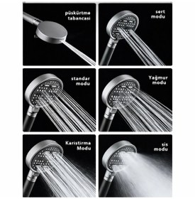Resim 6 Parça Yüksek Basınçlı Filtreli Duş Başlığı Seti 6 Modlu, 3 Yedek Filtreli, Hortum Ve Duş Başlığı Tutucu Gri - Siyah 