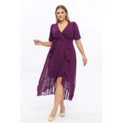 Resim Kadın Kruvaze Yaka Kuşaklı Volan Detaylı Büyük Beden Şifon Elbise 4495/130 Mor 