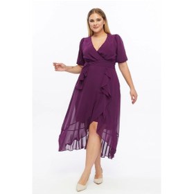 Resim Kadın Kruvaze Yaka Kuşaklı Volan Detaylı Büyük Beden Şifon Elbise 4495/130 Mor 