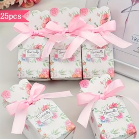 Resim 25 Adet Şık Pembe ve Beyaz Çiçekli Hediye Kutuları Kurdele Fiyonklarla - Şekerler, Düğünler, Bebek Duşları, Cinsiyet Açıklamaları, Sevgililer Günü ve Parti İyilikleri, Hediye Setleri için Mükemmel 