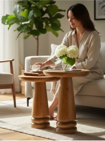 Resim ASELYA HOME Doğal Ahşap 2’li Set Mantar Yan Sehpa Modern Fiskos Zigon Çiçeklik 