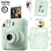 Resim Fujifilm Instax mini 12 Yeşil Fotoğraf Makinesi-20'li Film-Kıskaçlı Stand-PVC Albüm ve Simli Pleksi Kılıf Set 