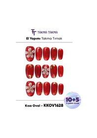 Resim Kkov1628 Kırmızı Kısa Oval 15'li Tekrar Kullanılabilir El Yapımı Protez Takma Tırnak L 