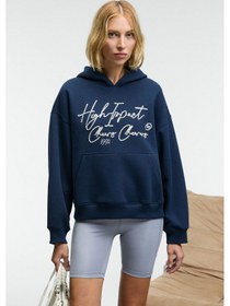 Resim Grimelange KIKRES Kadın Kapüşonlu Nakış Detaylı Oversize Lacivert Sweatshirt 