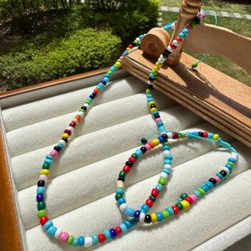 Resim 2 adet Set Renkli Boncuklu Kolye Bilezik Seti - Ayarlanabilir Uzunluk Kadın Bileklik Kolye - Vintage Tarz - Günlük Giyim İçin Uygun 