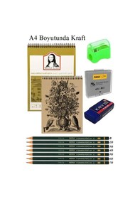 Resim A4 Kraft Eskiz Defteri Spiralli 50 Yaprak Karakalem Çizim Seti Hamur Silgi Fatih Dereceli Kalem Hobi Tasarım Seti Telli 