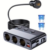 Resim Sigara Çakmak Fişi Bölücü, 7'si 1 Arada Araba Şarj Adaptörü ile 3 Soketli 12V/24V için, Tip-C ve QC3.0'i Destekler, 2 USB Şarj Portu (100.58cm Kablo ile), Bağımsız Anahtarlar, LED Voltaj Göstergesi, DC Çıkış 