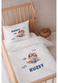 Resim %100 Pamuk Saten Isme Özel Isimli 100x150 Bebek Yatak Nevresim Seti Pilot Tavşan 