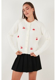Resim Lela Premium Regular Fit Bisiklet Yaka Kiraz Süslemeli Bayan Hırka 6802939A Ekru 
