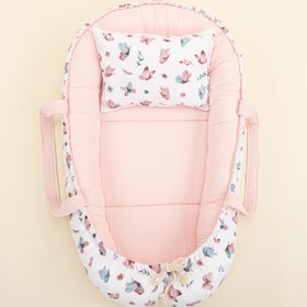 Resim Babynest ve Yastık - Çift Taraflı - Pembe Waffle - Kelebekler 