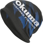 Resim Erkekler için ilham veren balıkçılık bere - Mavi grafik desenli siyah örgü kafatası kapağı, polyester ve elastan karışımı, dış mekan etkinlikleri için şık ve rahat balıkçılık şapkası 