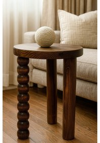 Resim Ceviz Renk Doğal Masif Ahşap Mantar Sehpa Zarif Tekli Yan Sehpa Ceviz 