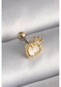 Resim 316l Çelik Gold Renk Beyaz Mineli Kalp Zirkon Taş Detaylı Taç Tragus Piercing Çok Renkli 