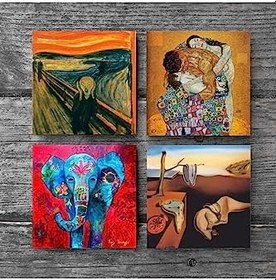 Resim Salvador Dalí Belleğin Azmi, Fil, Çığlık, Gustav Klimt Aile Kucaklama Taş Bardak Altlığı Seti - 4 Parça - Dekoratif, Rustik Mutfak Aksesuarı, 10x10 cm, Kaydırmaz Tabanlı SC580 