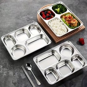 Resim 4 Bölmeli Paslanmaz Çelik Yemek Tabak - Okul ve Kantin Kullanımı için Dayanıklı, Kalınlaştırılmış Tasarım, Büyük Boy Hızlı Yiyecek Servis Tepsisi 