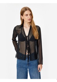 Resim Koton Tül Transparan Gömlek Önden Bağlama Detaylı Uzun Kollu Siyah 5wak60011ew Siyah 