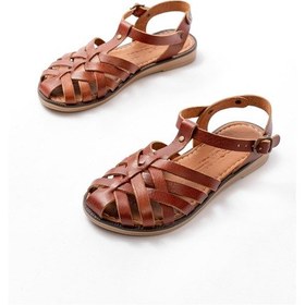 Resim 205-02 K. Kahve Ortopedik Hakiki Deri Kadın Sandalet Altın - Taba 