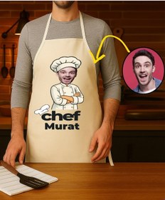 Resim Kişiye Özel Karikatür Fotoğraflı Ve İsimli Mutfak Önlüğü Chef Tasarımlı 1 Krem 
