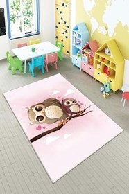 Resim Pelangi Pembe Kuş Desenli Yıkanabilir Kaymaz Taban Leke Tutmazbebek Ve Çocuk Odası Halısı, Pembe-Kahve 100 x 300 