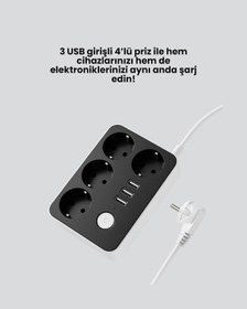 Resim Mey İthalat 3 Usb Çıkışlı 4 Lü Akıllı Priz 2500w 2 Metre Kablo 
